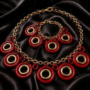 Vintage 1980s Red Gold Tone Statement Necklace Bracelet Set